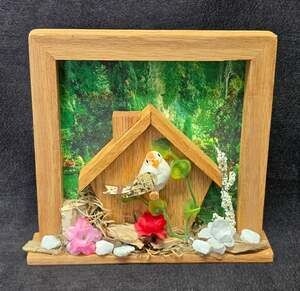 Handcrafted Bird House Wooden Frame Nature Farmhouse Decor Wall Art
